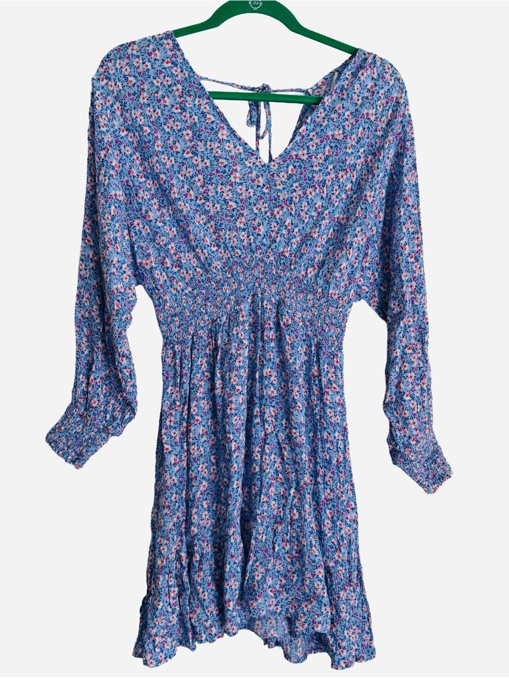 Japna Blue Pink Floral Long Sleeve Smocked Waist Dress Size Small | Boho Mini